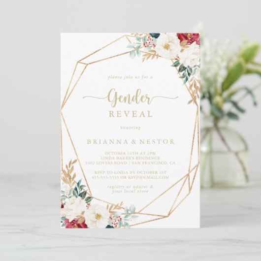 幾何学的なクラシック金ゴールドフローラ性別によるパーティーの表示 招待状 (スタンド正面)