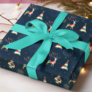 幾何学的なクリスマスツリー+トナカイ+オーナメント ラッピングペーパー