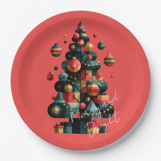 幾何学的なクリスマスツリー ペーパープレート (正面)