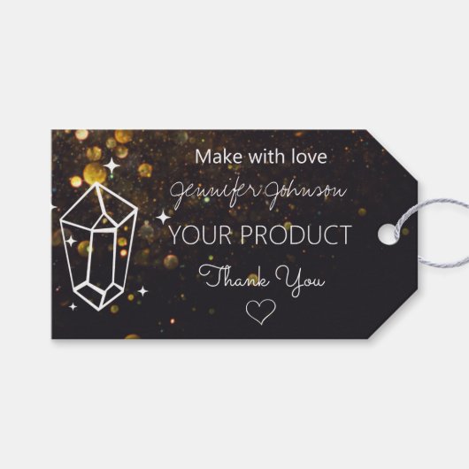幾何学的なグリッターがブラックのギフトタグに ギフトタグ (正面(横))