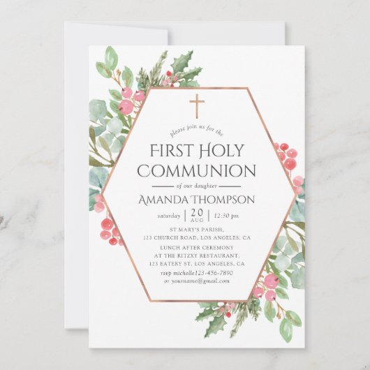 幾何学的なグリーンが美しいクリスマス 初の聖体拝領 招待状 (正面)
