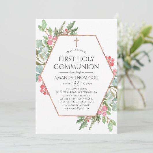 幾何学的なグリーンが美しいクリスマス 初の聖体拝領 招待状 (スタンド正面)