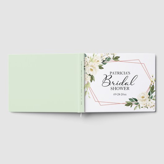 幾何学的なグリーンと白い花のウェディングシャワーのゲストブック ゲストブック (全面)