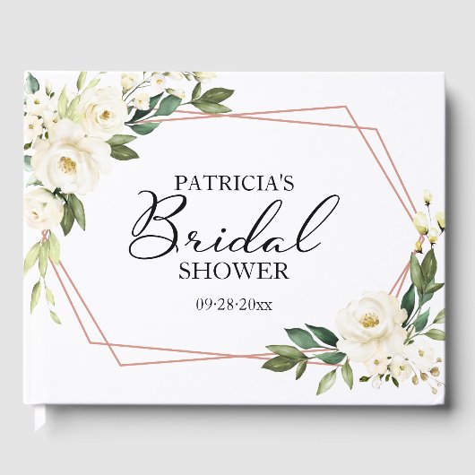 幾何学的なグリーンと白い花のウェディングシャワーのゲストブック ゲストブック (正面)