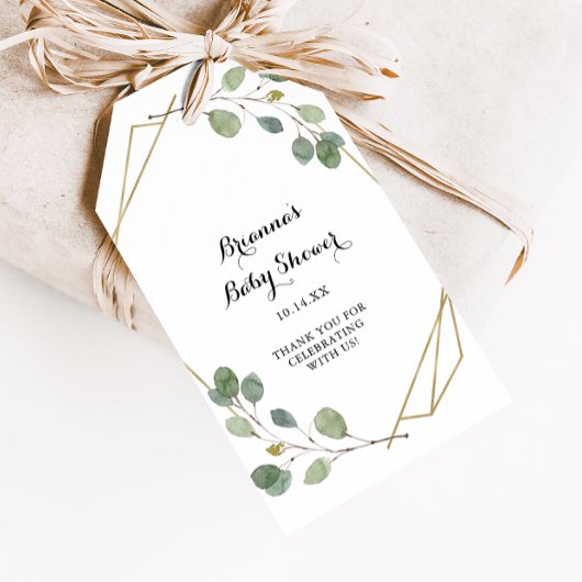 幾何学的なグリーンインテリア ユーカリの葉のベイビーシャワー ギフトタグ
