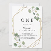 幾何学的なグリーンインテリア ユーカリ 1歳の誕生日パーティー 招待状 (正面)