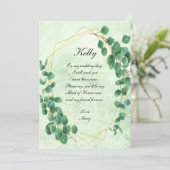 幾何学的なグリーン ユーカリの葉 メイド オブ オナー 招待状 (スタンド正面)
