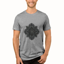 幾何学的なグレーとブラックの曼荼羅柄のメンズTシャツ