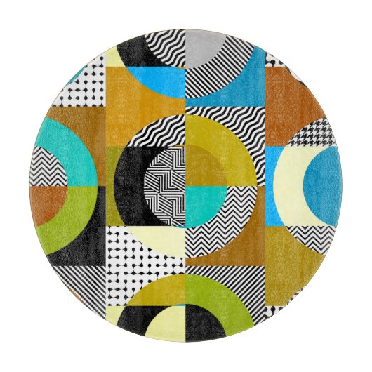 幾何学的なコラージュ：円、ヴィンテージパターン カッティングボード (正面)