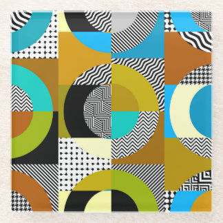 幾何学的なコラージュ：円、ヴィンテージパターン ガラスコースター