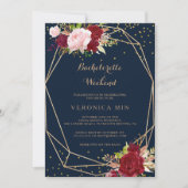 幾何学的なゴールドとレッドのトロピカルな花嫁の週末パーティー 招待状 (正面)