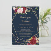 幾何学的なゴールドとレッドのトロピカルな花嫁の週末パーティー 招待状 (スタンド正面)