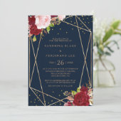 幾何学的なゴールドグリッターと赤いトロピカルウェディング 招待状 (スタンド正面)