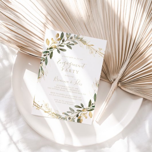 幾何学的なゴールドグリーンの秋のエンゲージメントパーティー 招待状