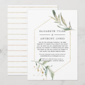 幾何学的なゴールドグリーンの結婚式 招待客リスト縮小 案内状 (正面/裏面)