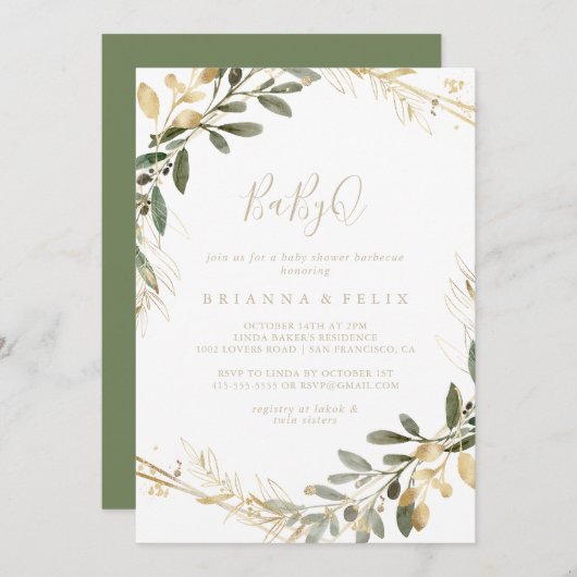 幾何学的なゴールドグリーンのBabyQベビーシャワーバーベキュー 招待状 (正面/裏面)