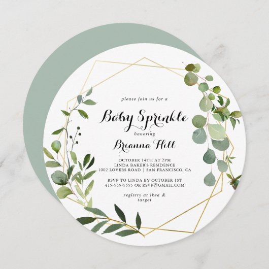 幾何学的なゴールドトロピカルカリグラフィーベイビースプリンクル 招待状 (正面/裏面)
