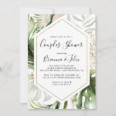 幾何学的なゴールドトロピカルグリーンのカップルシャワー 招待状 (正面)