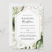 幾何学的なゴールドトロピカルグリーンの結婚式の披露宴 招待状 (正面)