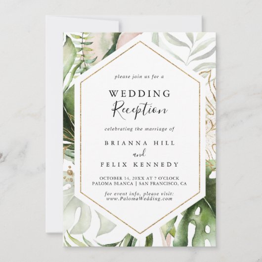 幾何学的なゴールドトロピカルグリーンウェディングパーティー 招待状 (正面)