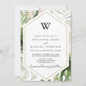 幾何学的なゴールドトロピカルグリーン モノグラム結婚式 招待状 (正面)