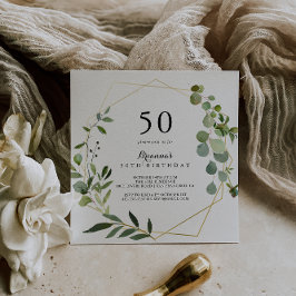 幾何学的なゴールドトロピカルグリーン 50歳の誕生日パーティー 招待状