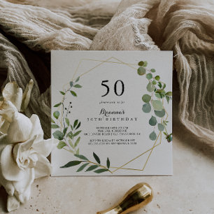 幾何学的なゴールドトロピカルグリーン 50歳の誕生日パーティー 招待状