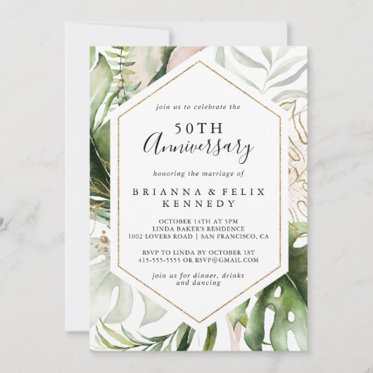 幾何学的なゴールドトロピカル 50周年結婚記念日 招待状 (正面)