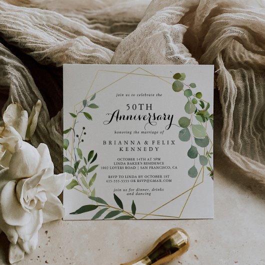 幾何学的なゴールドトロピカル 50周年結婚記念日 招待状