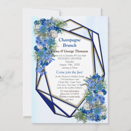 幾何学的なゴールドネイビーブルーの花のカップルシャワー 招待状 (正面)