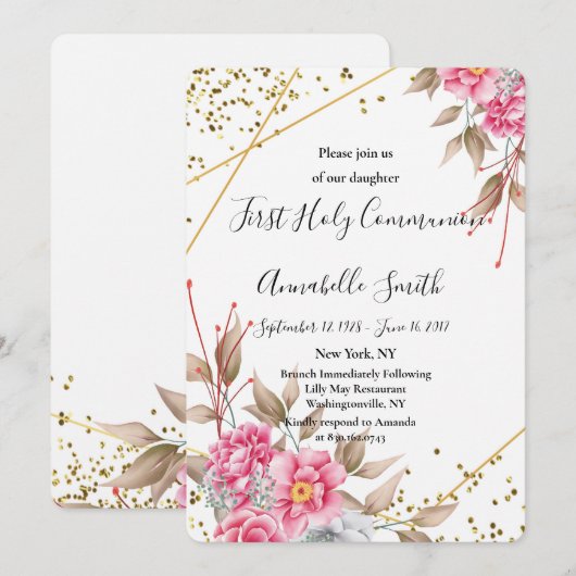 幾何学的なゴールドフレームのピンクの花柄  ファーストホーリーコミュニオン 招待状 (正面/裏面)