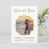 幾何学的なゴールドフレームの写真とカリグラフィー結婚式のSave the Date セーブザデート (スタンド正面)