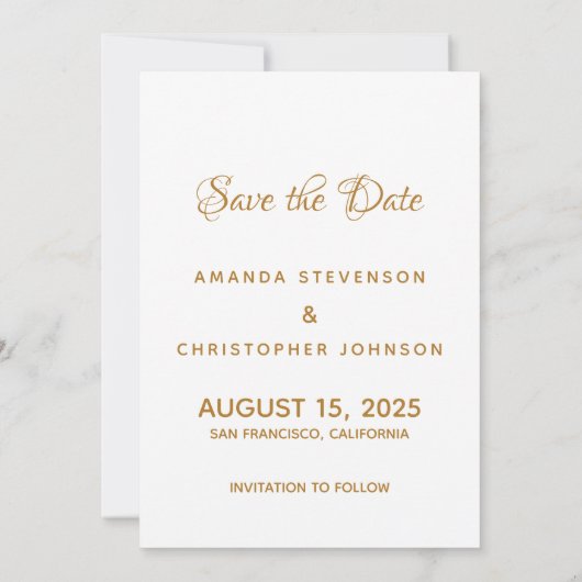 幾何学的なゴールドフレームの写真とカリグラフィー結婚式のSave the Date セーブザデート (裏面)