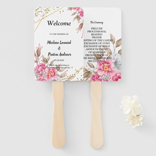 幾何学的なゴールドフレーム ピンクの花のウェディングプログラム ハンドファン (正面&裏面)