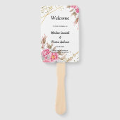 幾何学的なゴールドフレーム ピンクの花のウェディングプログラム ハンドファン (正面)