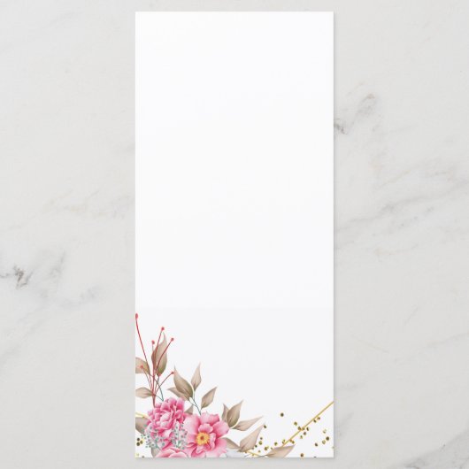 幾何学的なゴールドフレーム ピンクの花のウェディングメニュー プログラム (裏面)