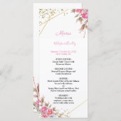 幾何学的なゴールドフレーム ピンクの花のウェディングメニュー プログラム (正面/裏面)