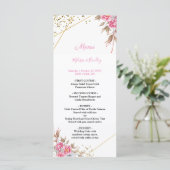 幾何学的なゴールドフレーム ピンクの花のウェディングメニュー プログラム (スタンド正面)
