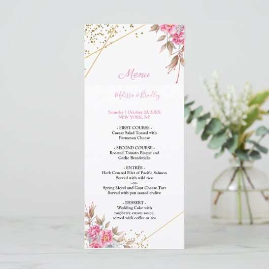 幾何学的なゴールドフレーム ピンクの花のウェディングメニュー プログラム (スタンド正面)