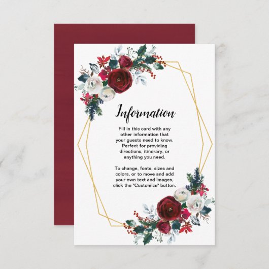 幾何学的なゴールドフレーム ワインレッドの冬の花 招待状 (正面/裏面)