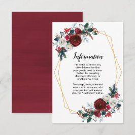 幾何学的なゴールドフレーム ワインレッドの冬の花 招待状