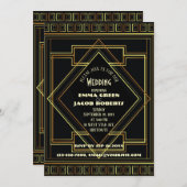 幾何学的なゴールドブラックのグレートギャツビーアートデコウェディング 招待状 (正面/裏面)
