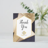 幾何学的なゴールド ネイビーブルー お礼 ロゴ ビジネス ポストカード (スタンド正面)