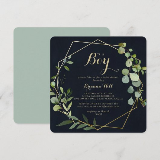 幾何学的なゴールド ブルー グリーン 男の子の赤ちゃんシャワー 招待状 (正面/裏面)