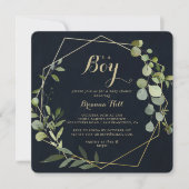 幾何学的なゴールド ブルー グリーン 男の子の赤ちゃんシャワー 招待状 (正面)