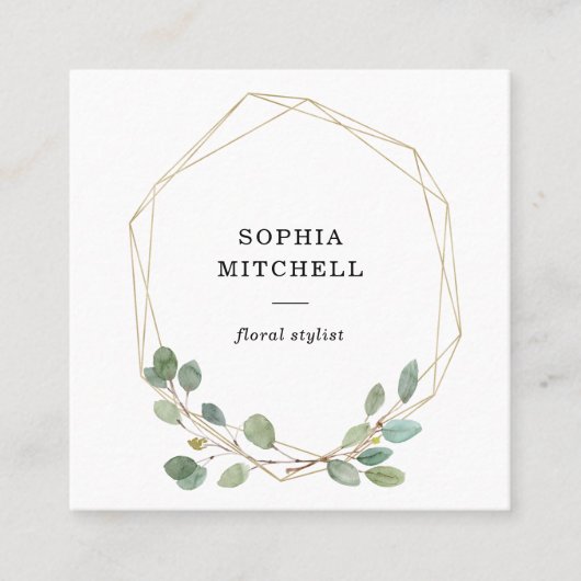幾何学的なシンプルなユーカリの緑の草木|の金ゴールド スクエア名刺 (正面)