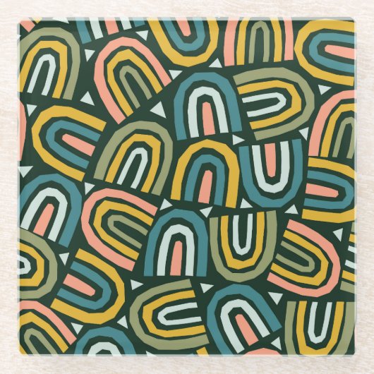 幾何学的なスタイル、ヴィンテージパターンの虹。 ガラスコースター (正面)