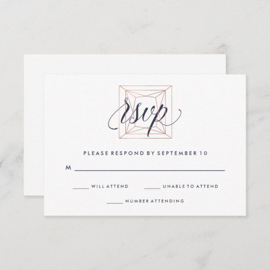 幾何学的なダイヤモンド結婚式RSVPの真夜中の青い文字 出欠カード (正面/裏面)