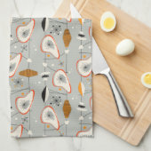 幾何学的なティール(緑がかった色)及び青いパターン キッチンタオル (四つ折り)