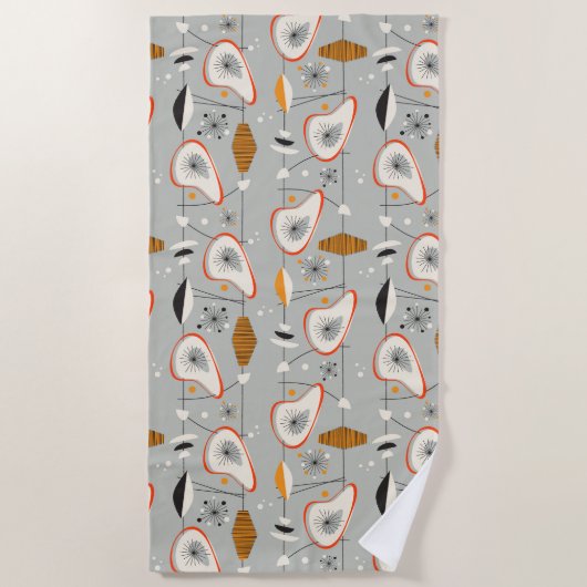 幾何学的なティール（緑がかった色）及び青いパターン ビーチタオル (正面)